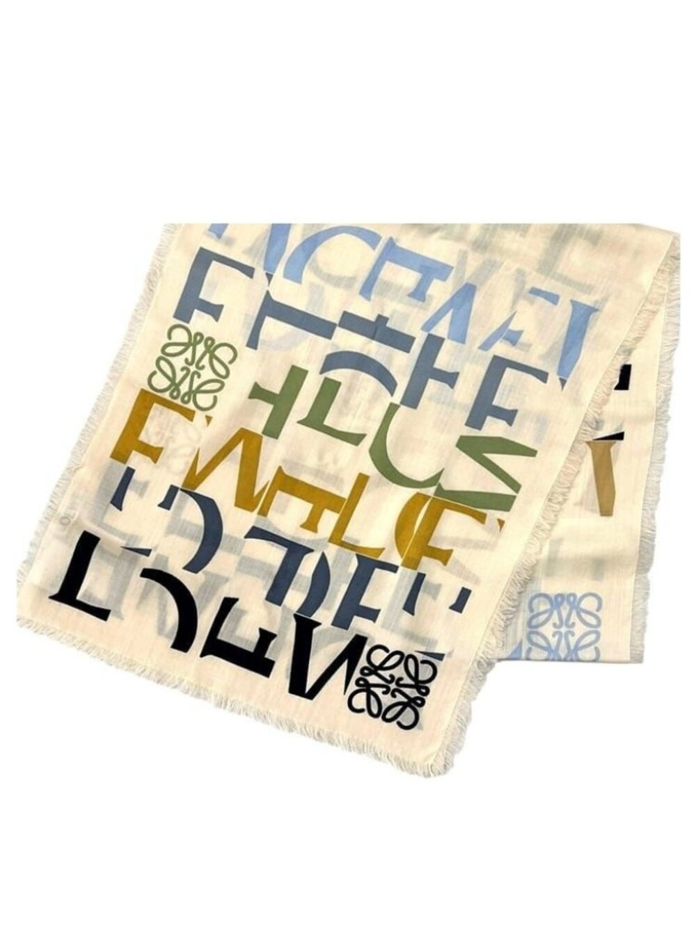 Loewe Shawl Multi Tone Anagram Fringe Wool Silk Beige Scarf